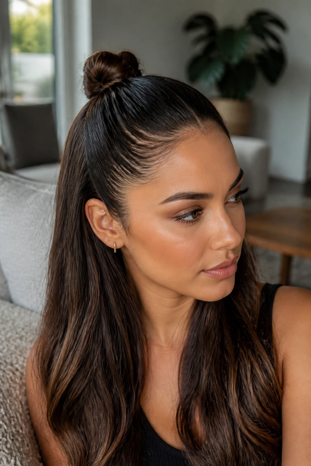 Close-up of a real woman's glossy half-up slick knot hairstyle