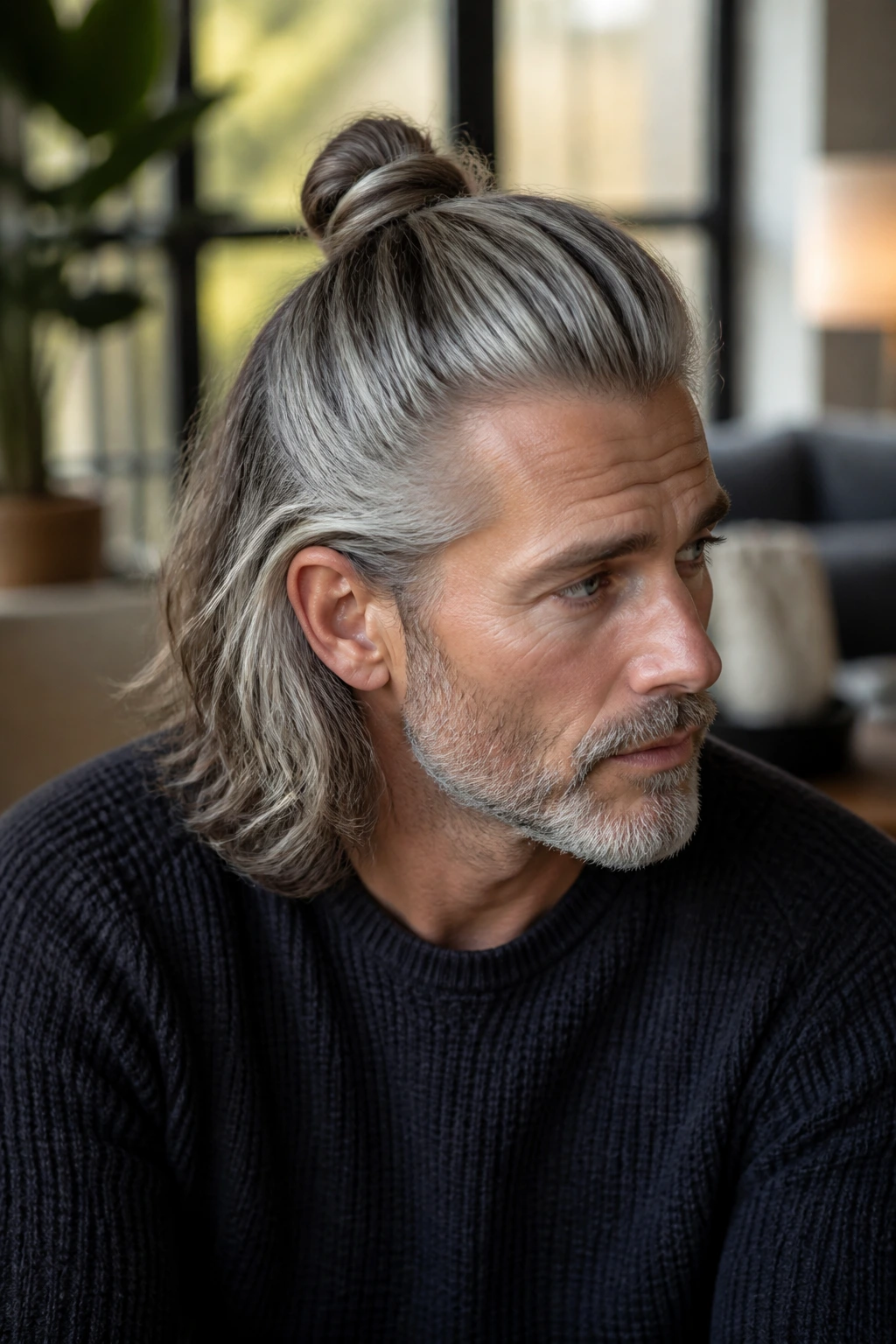 Medium close-up of a man with a half-up knot in gray hair