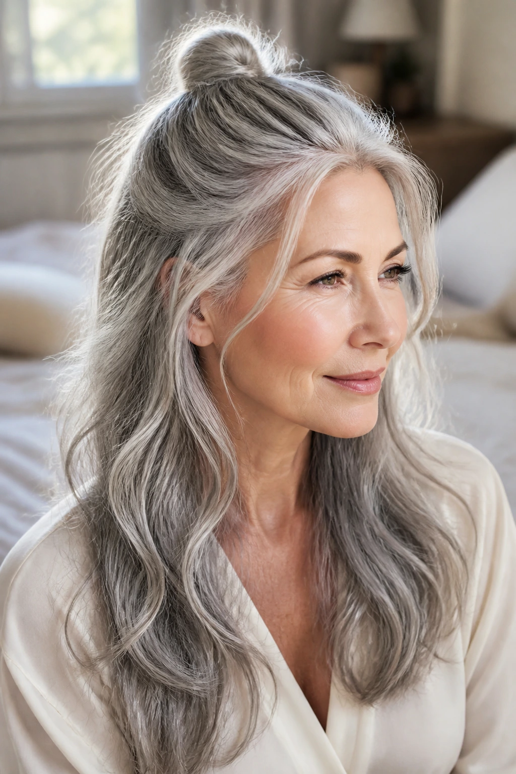 Close-up portrait of an older woman with long gray hair wearing a sleek half-up knot and loose waves.