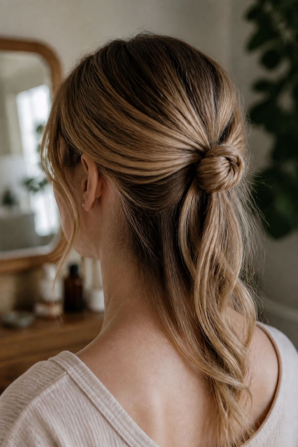 Close-up of a real woman showing a small knotted half-up hairstyle at the back of the head.