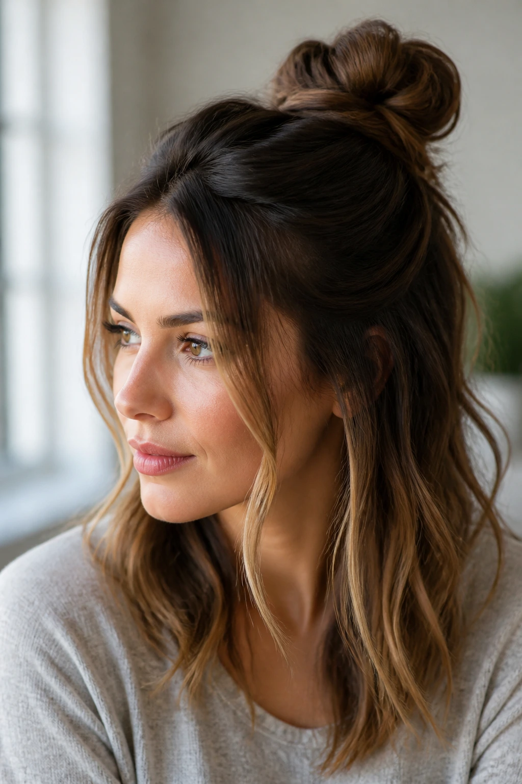 Real woman with half-up knot and face-framing pieces