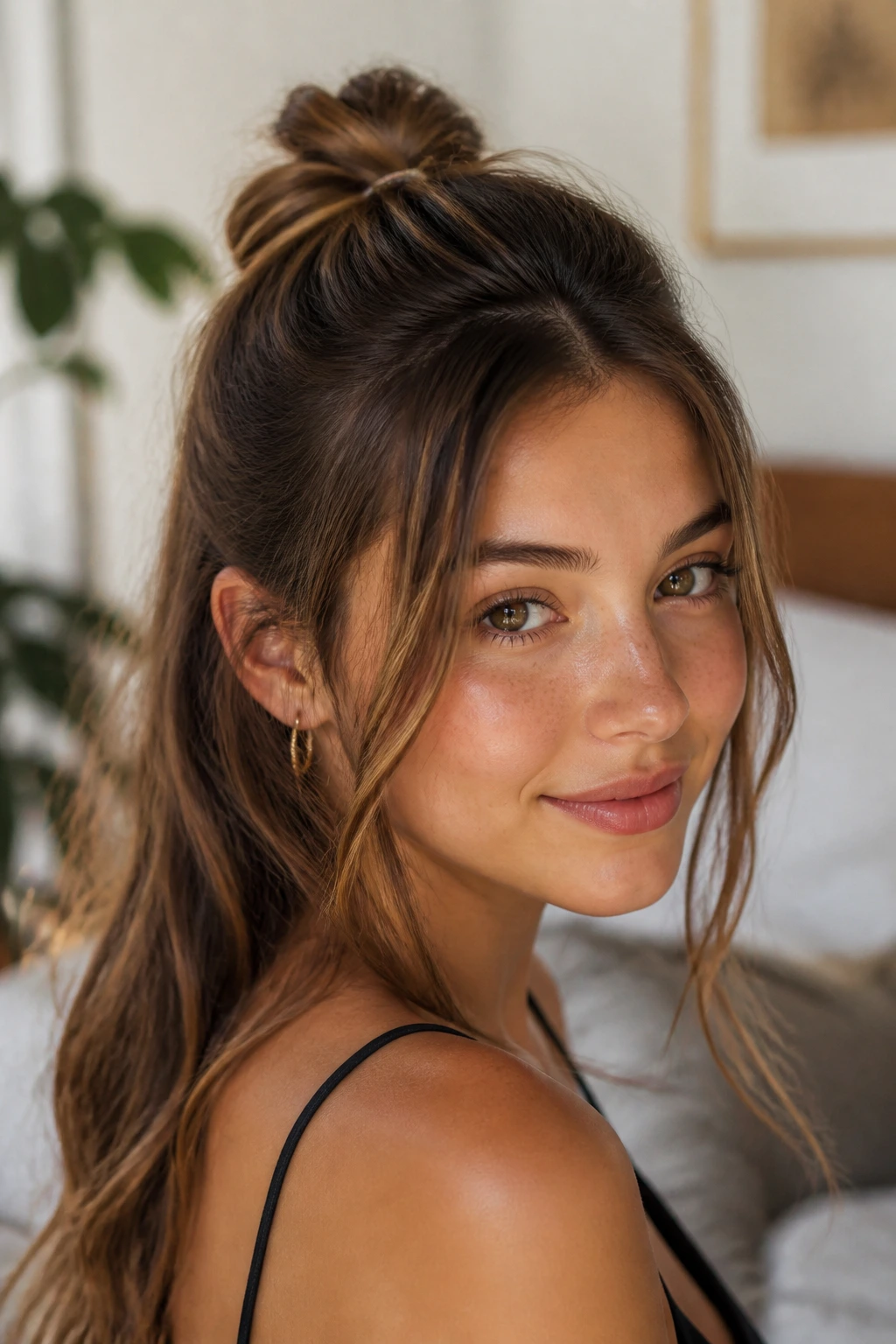 Close-up of a real woman with a half-up knot and loose face-framing ends