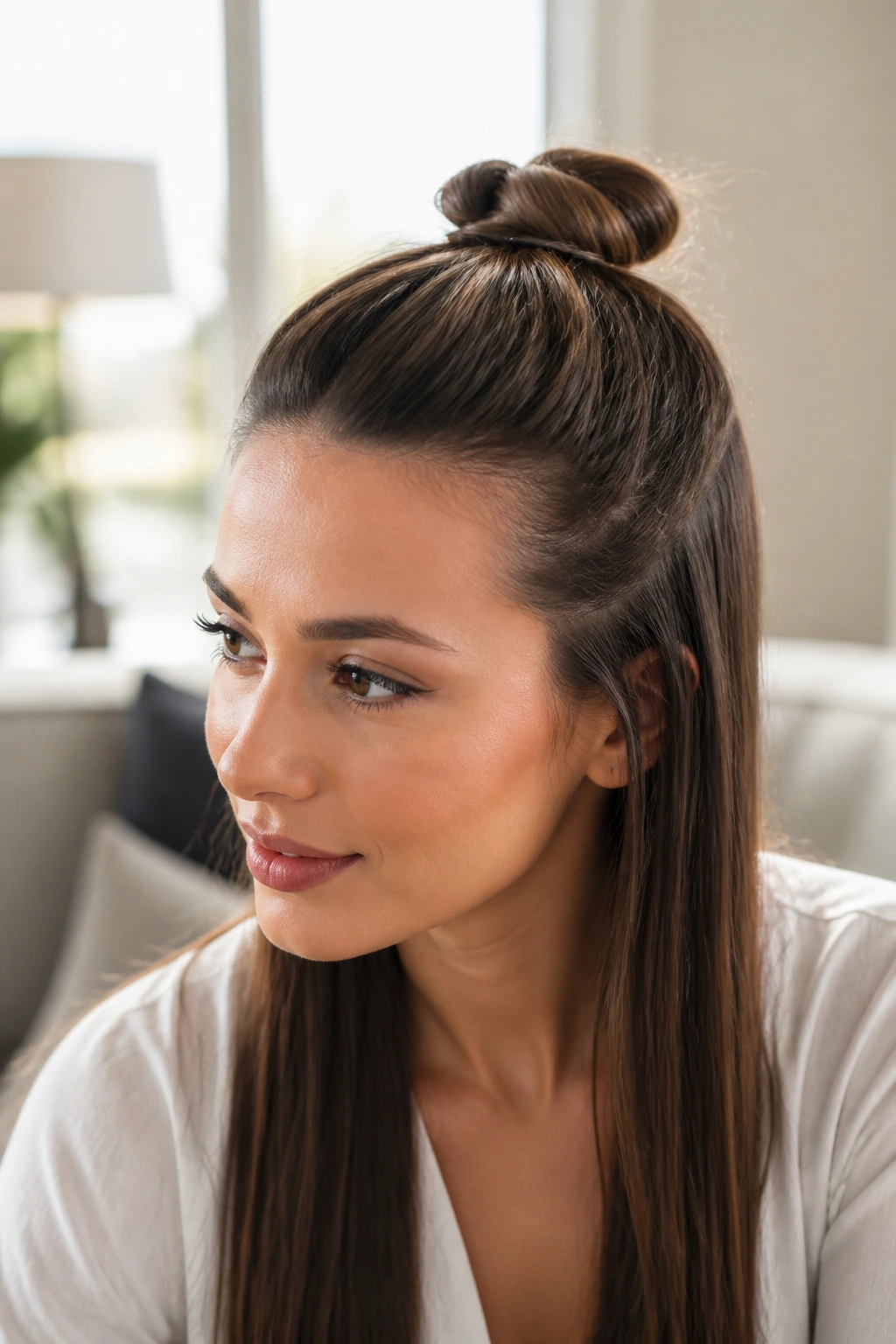 Close-up portrait of a real woman with a half-up knot at the crown.