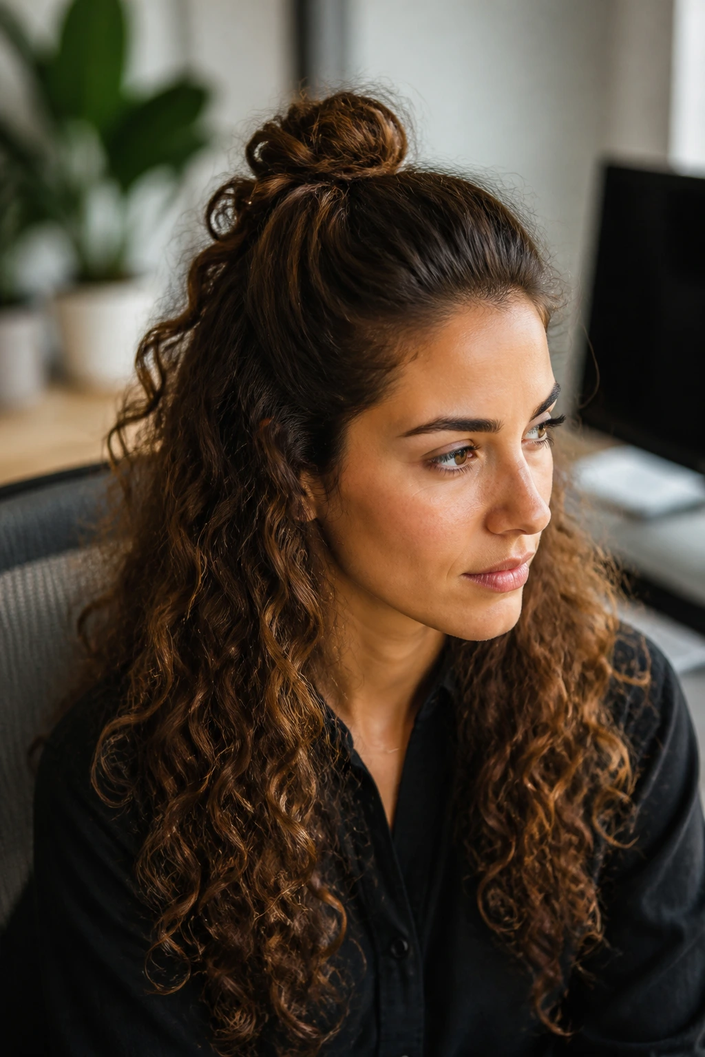 Portrait of a real woman with a half-up mini knot hairstyle.