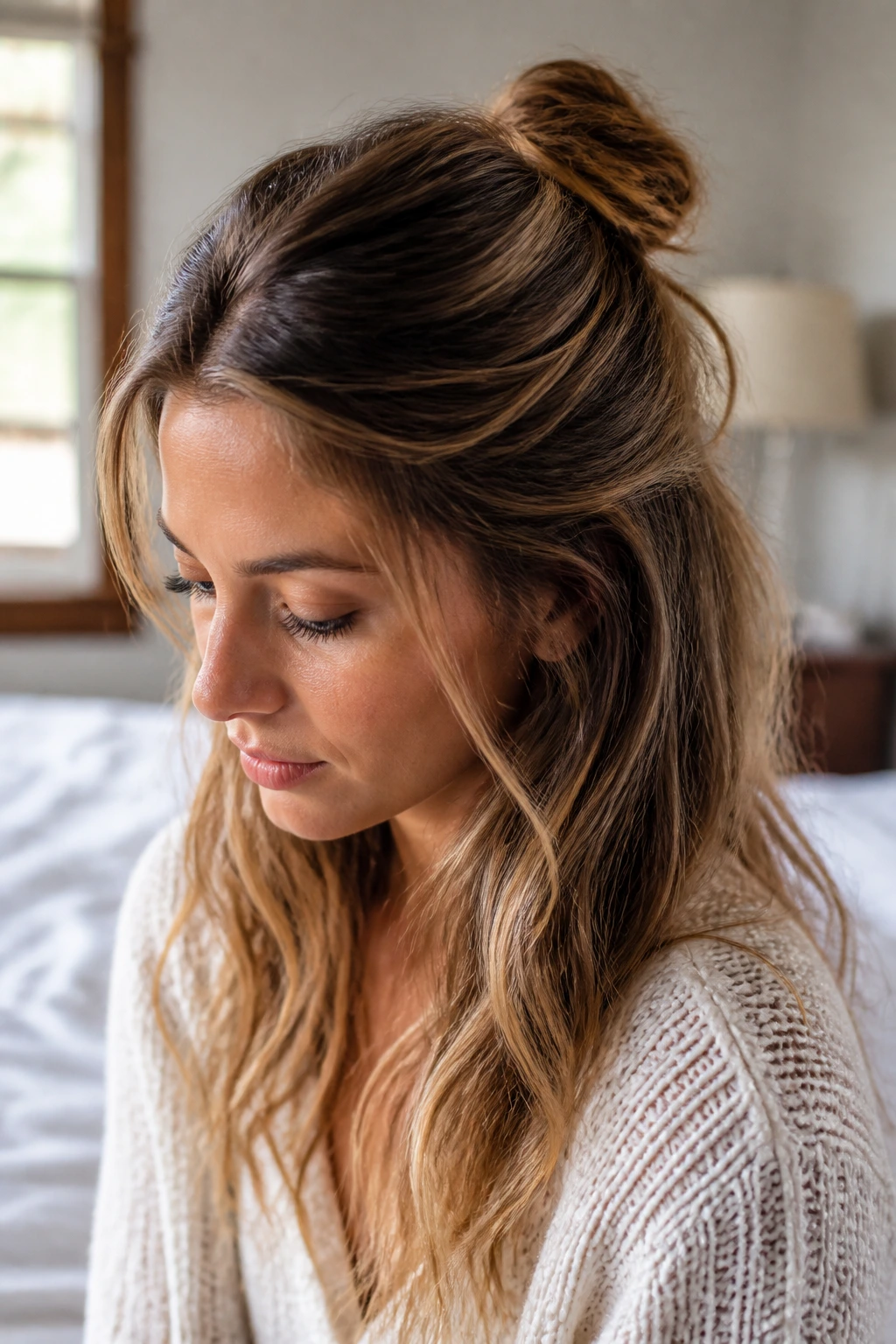 Close-up of a real woman wearing a half-up knot hairstyle.