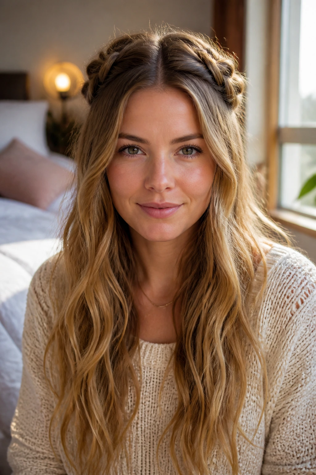 Portrait of a real woman with a half-up knot halo across the crown