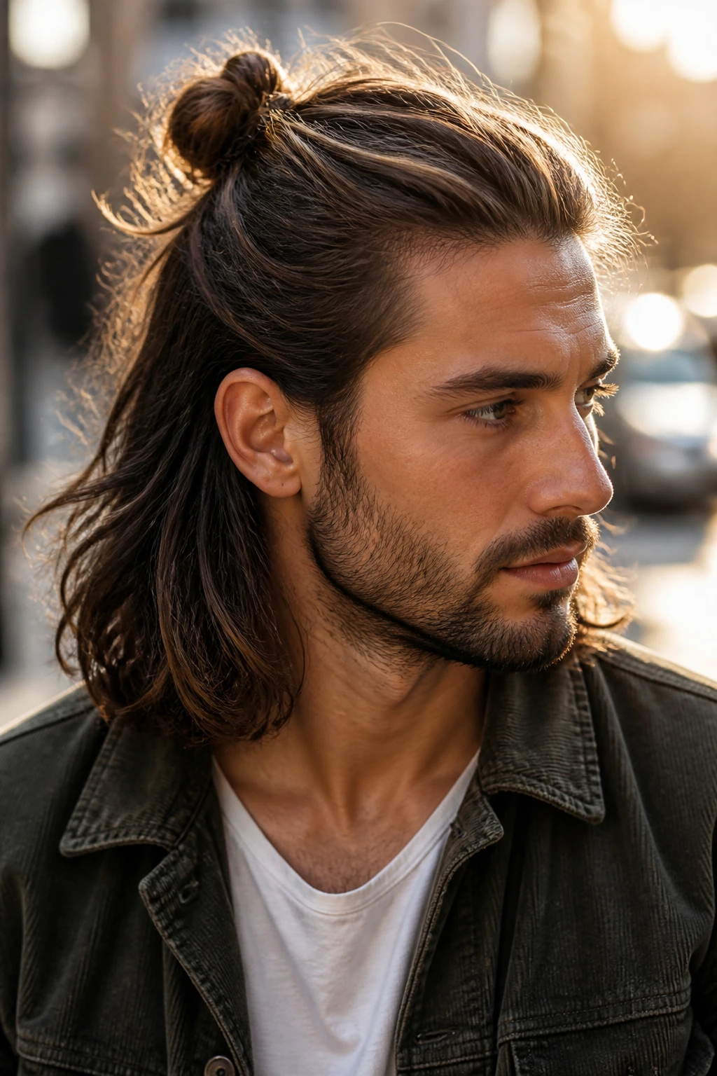 Close-up of a man with a loose half-up knot hairstyle