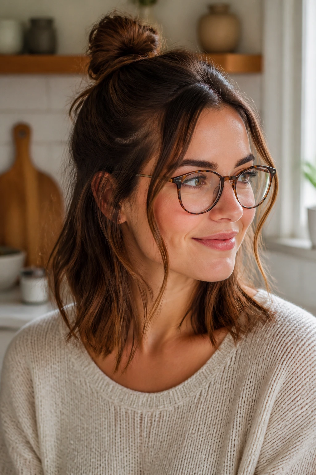 Close-up of woman with half-up knot and loose tendrils.