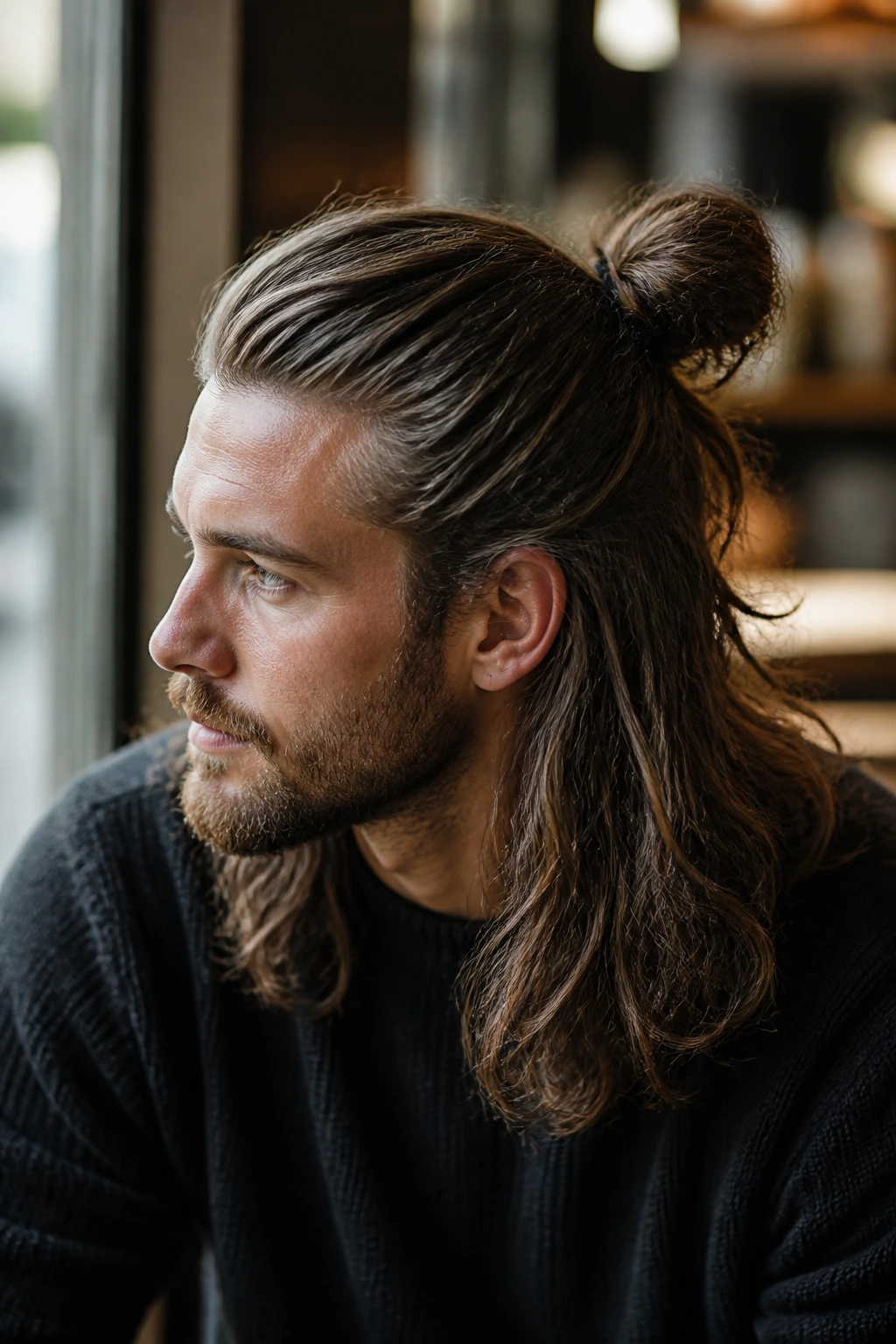 Real man with half-up knot hairstyle, top pulled back with small band.