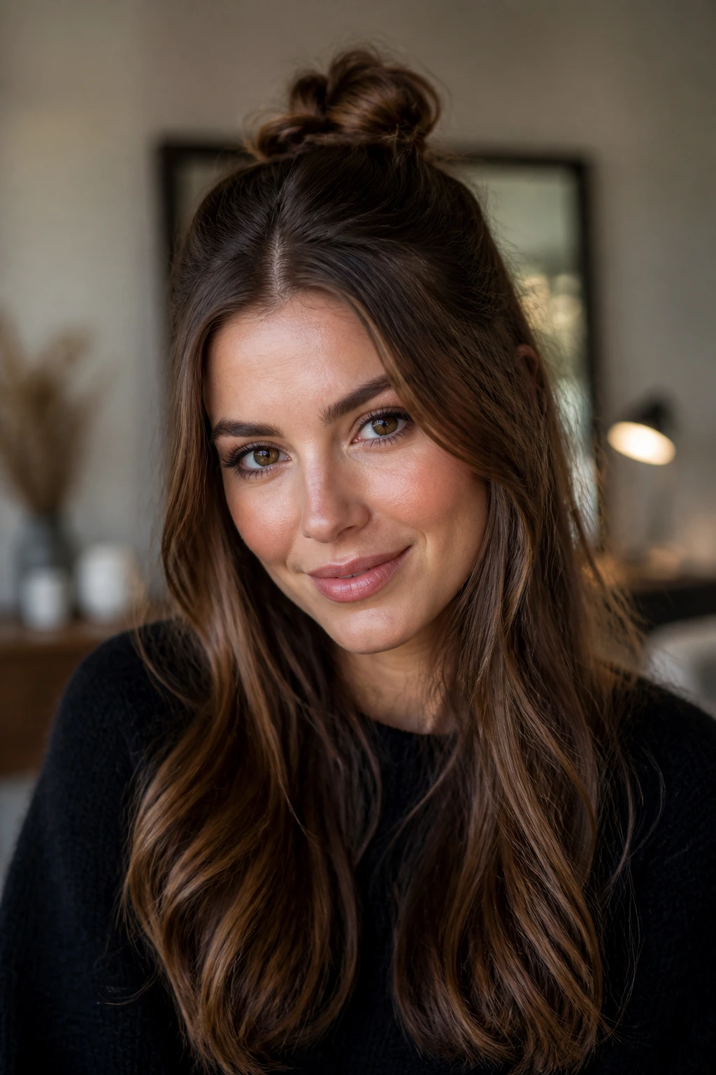 Close-up of a real woman with a half-up knot and long ends left out