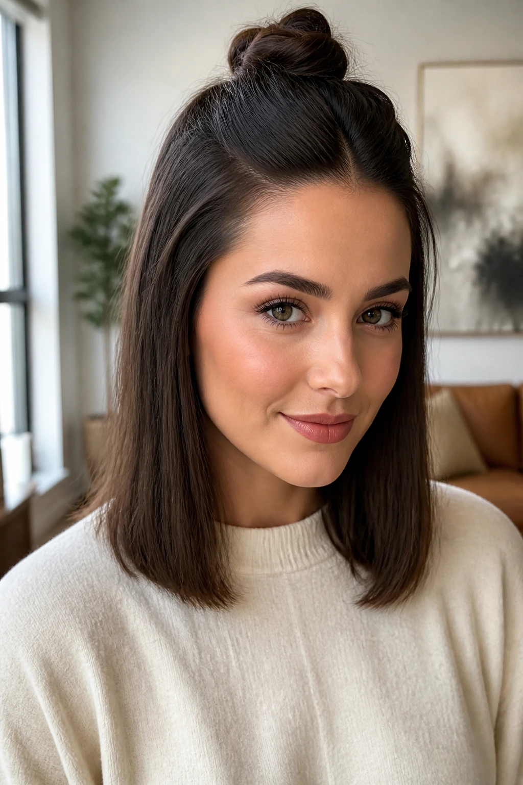 Real woman with a polished half-up knot hairstyle
