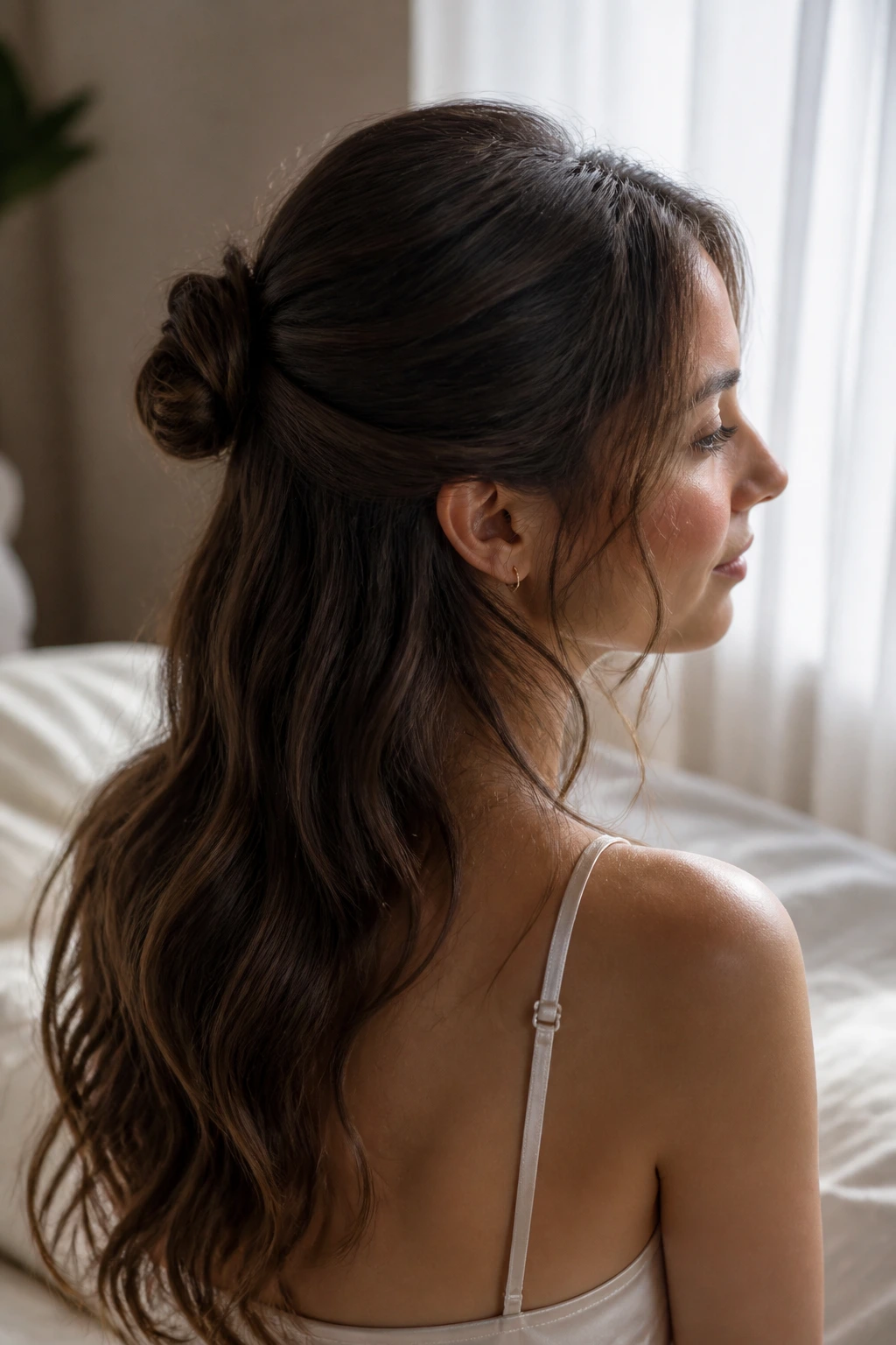 Profile portrait of a real woman showcasing a Half-Up Knot at the crown with loose hair down.