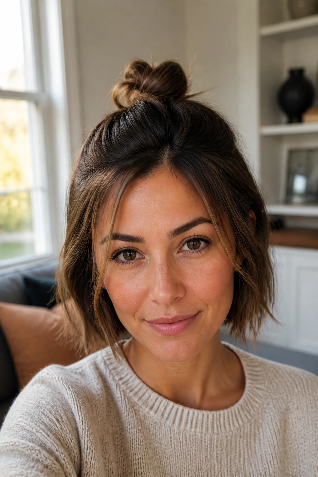 Front portrait showing a half-up knot on chin-length hair.