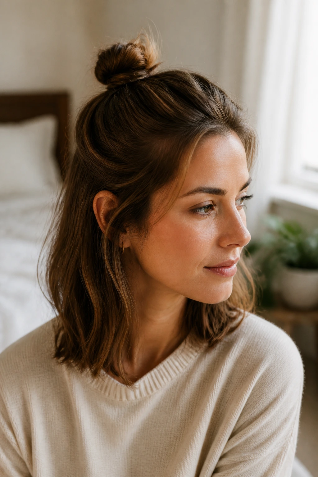 Close-up portrait of a woman with a half-up knot on shoulder-length hair in natural window light