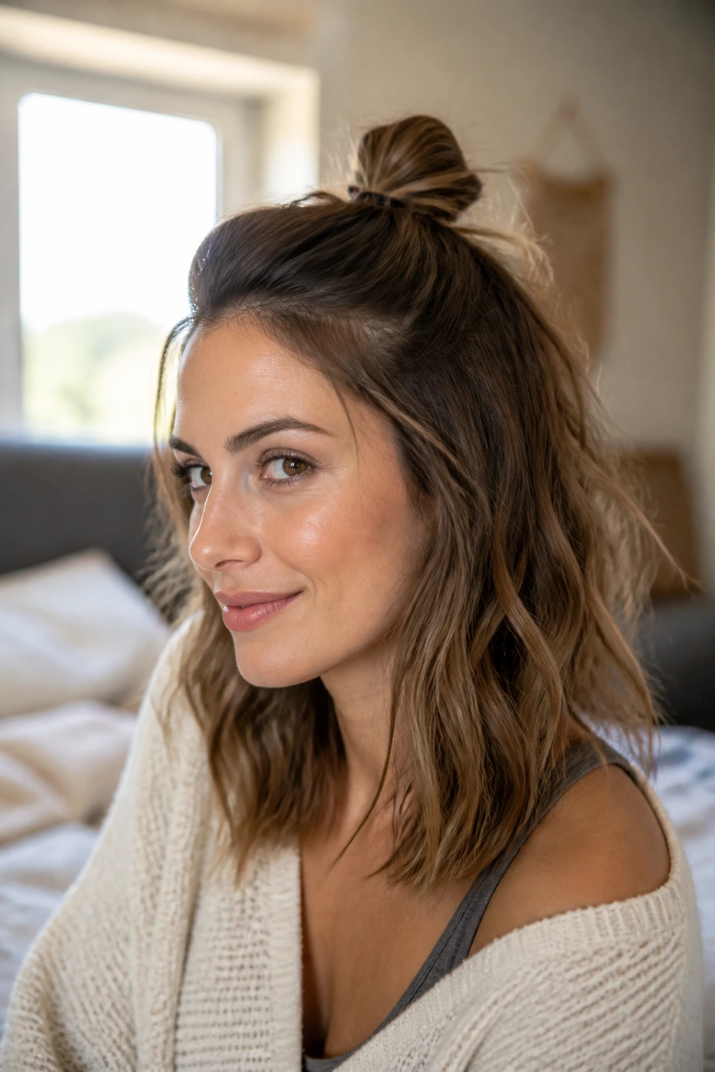 Close-up of a real woman with a small half-up knot at the crown