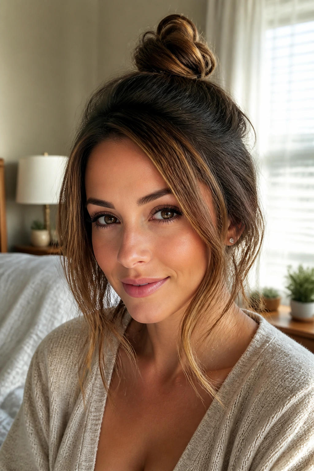 Real woman with side-part half-up knot hairstyle