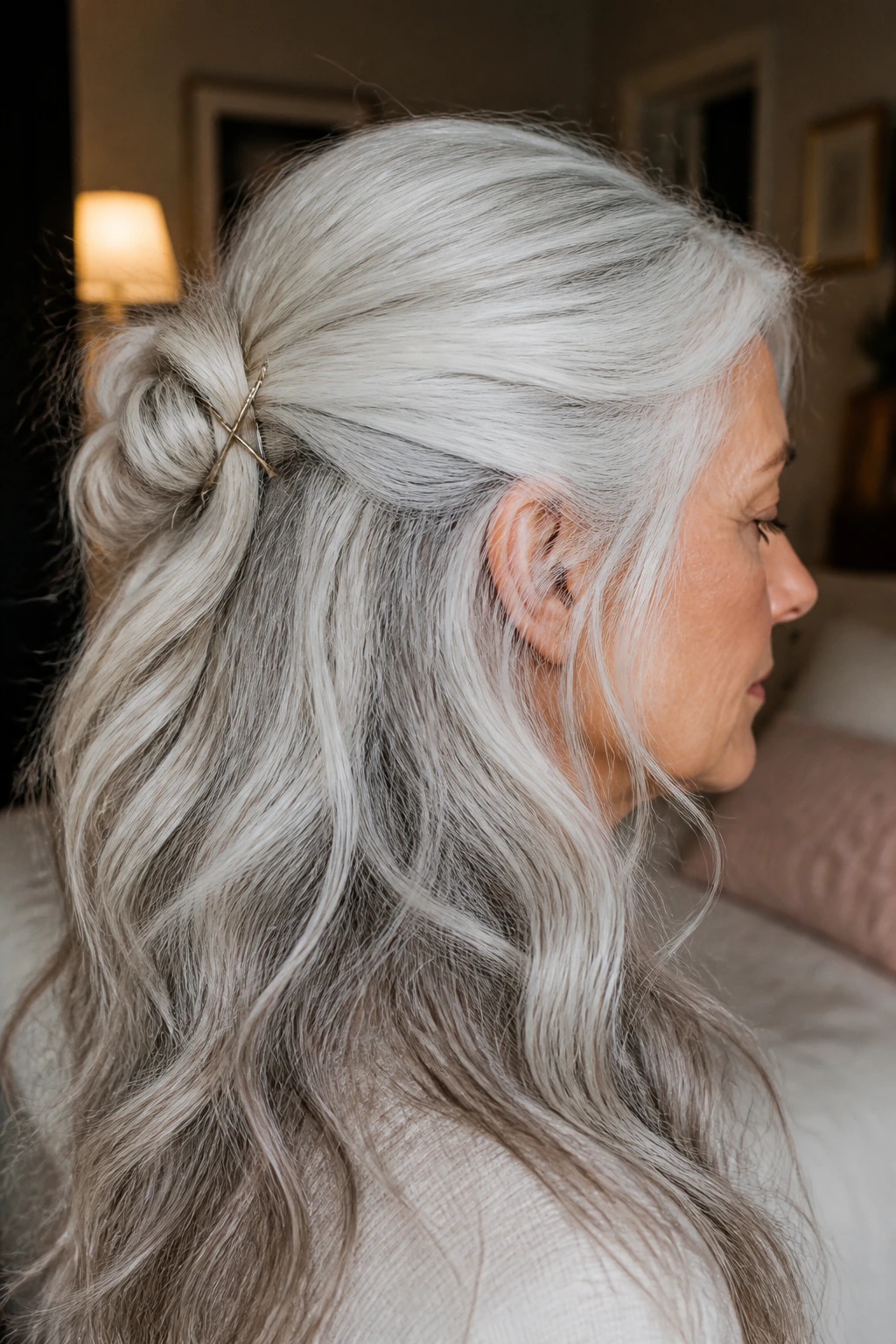 Close-up of a real woman with a half-up knot in long silver hair