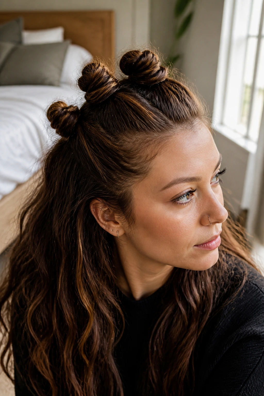 Close-up portrait of a real woman with long hair styled into a half-up knot stack along the crown.
