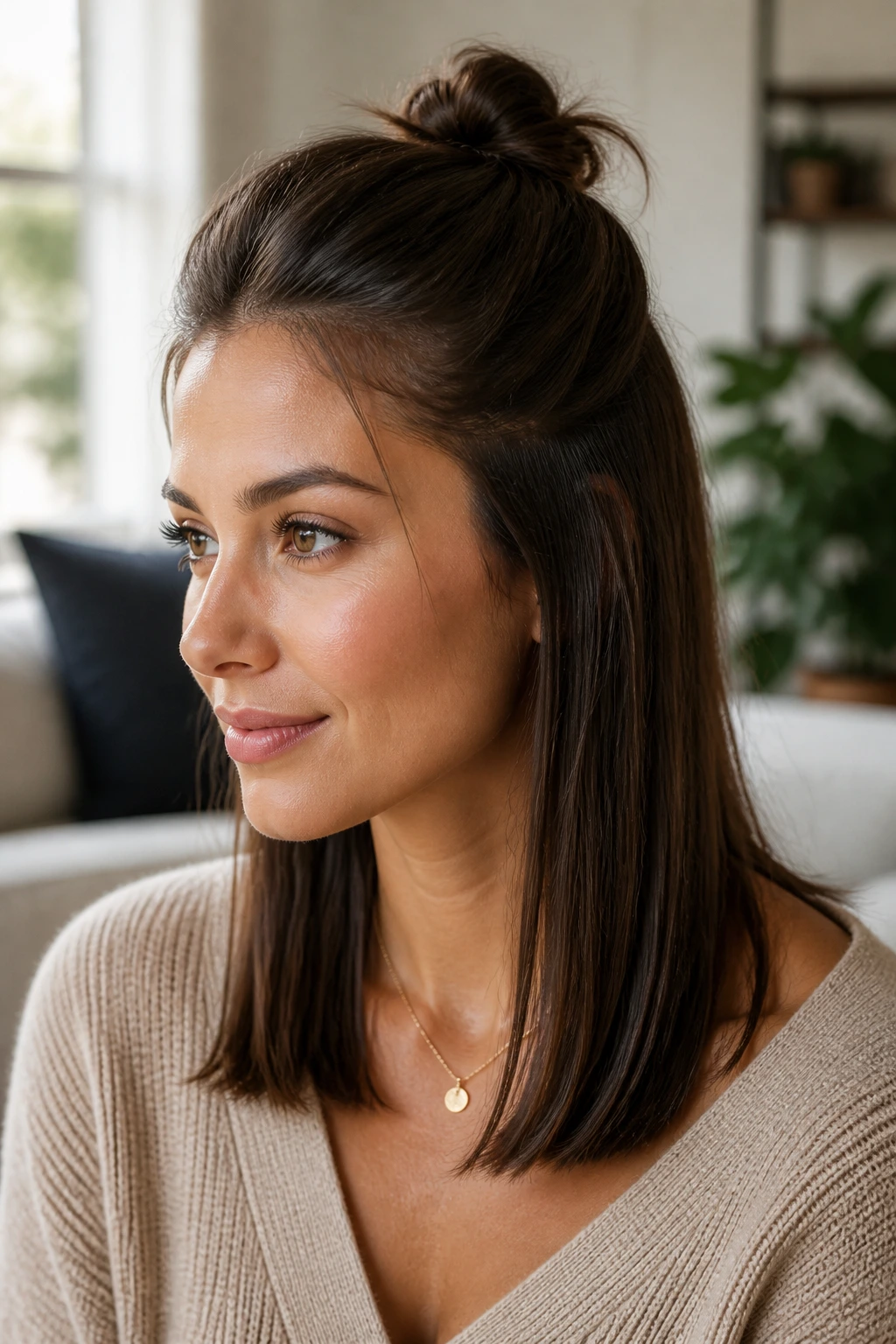 Close-up of a woman with a half-up knot at the crown and straight lower lengths