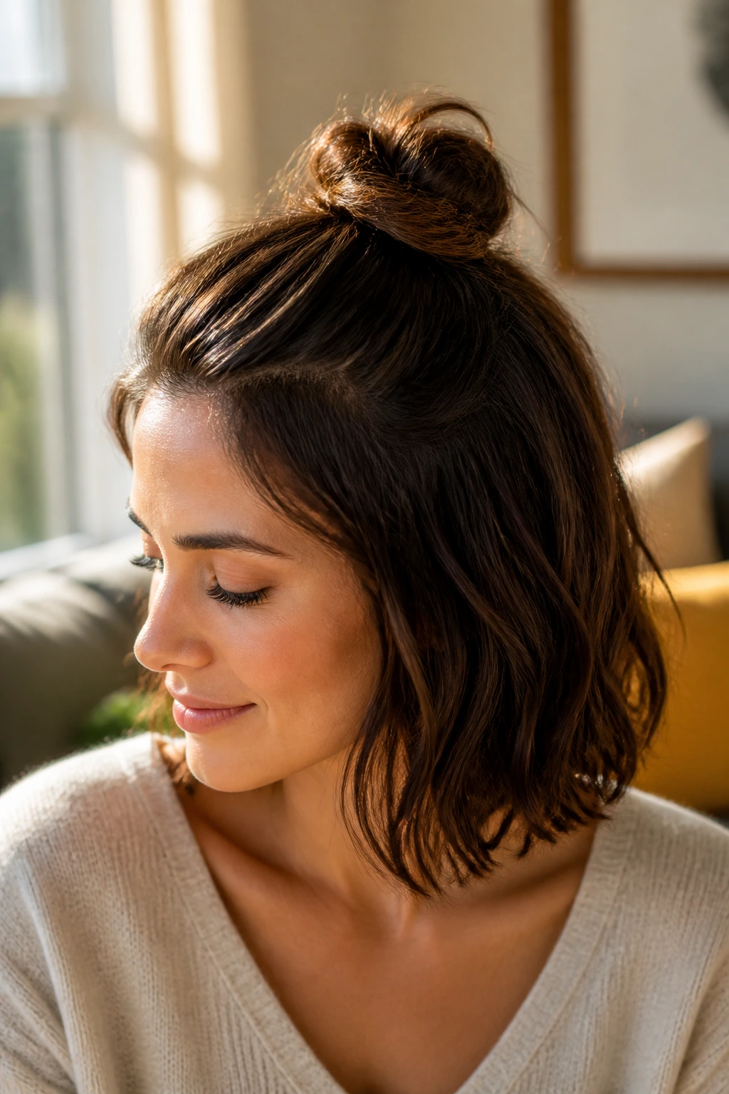 Close-up of a real person with a half-up knot hairstyle