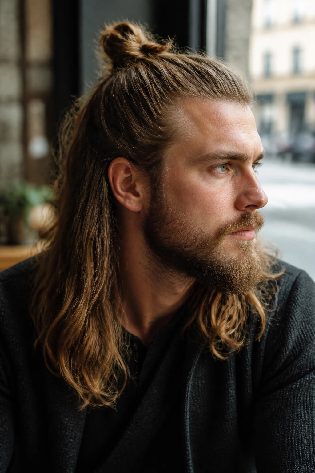 Man with crown knot and loose hair in a cafe setting