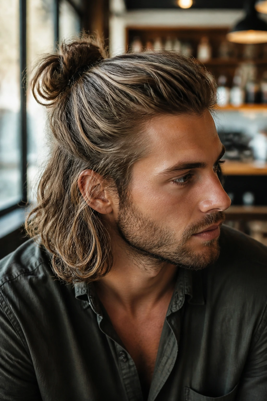 Portrait of a man with a half-up knot hairstyle in a warm cafe setting