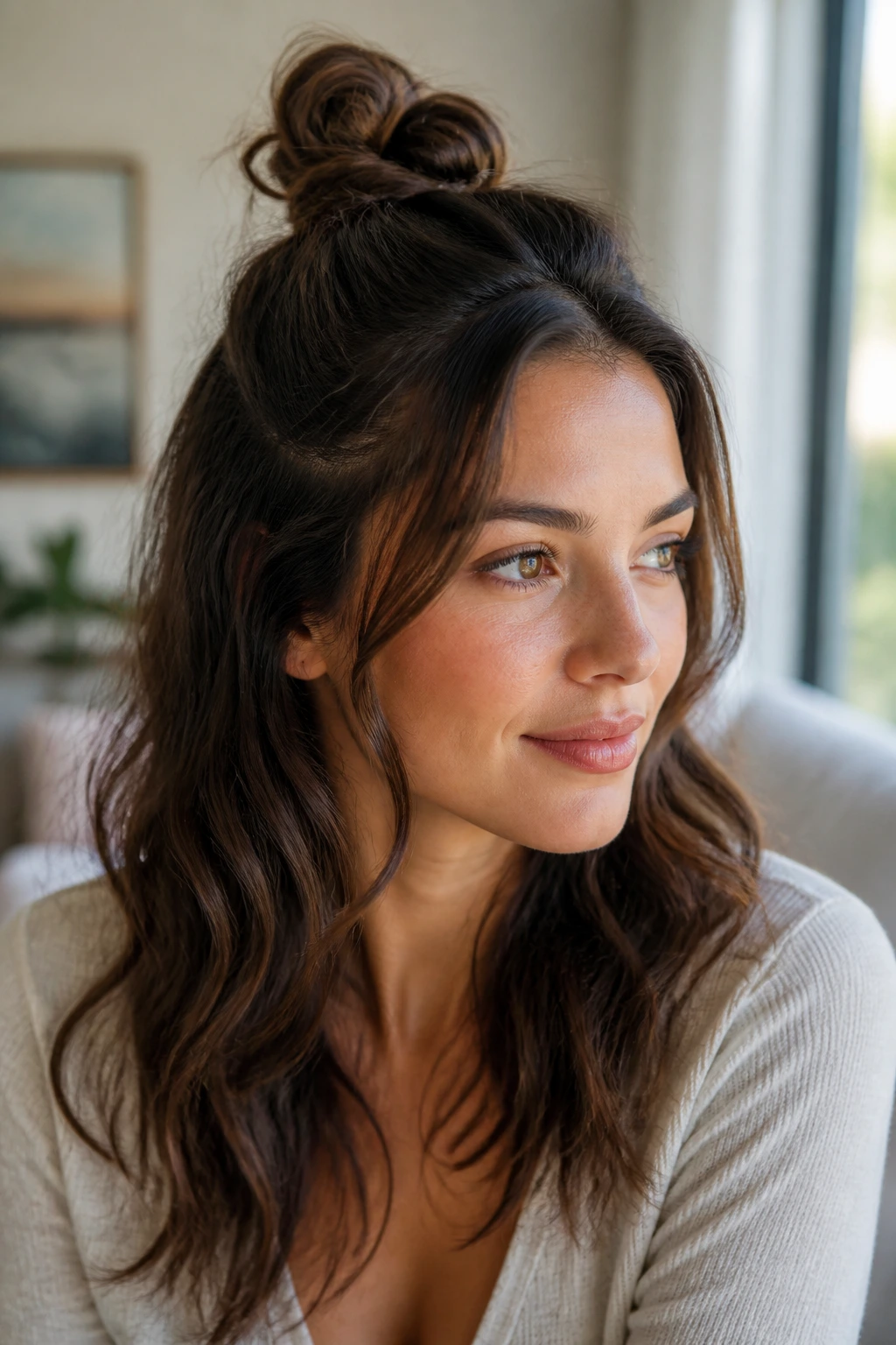 Close-up of a real woman with a half-up knot on loose waves