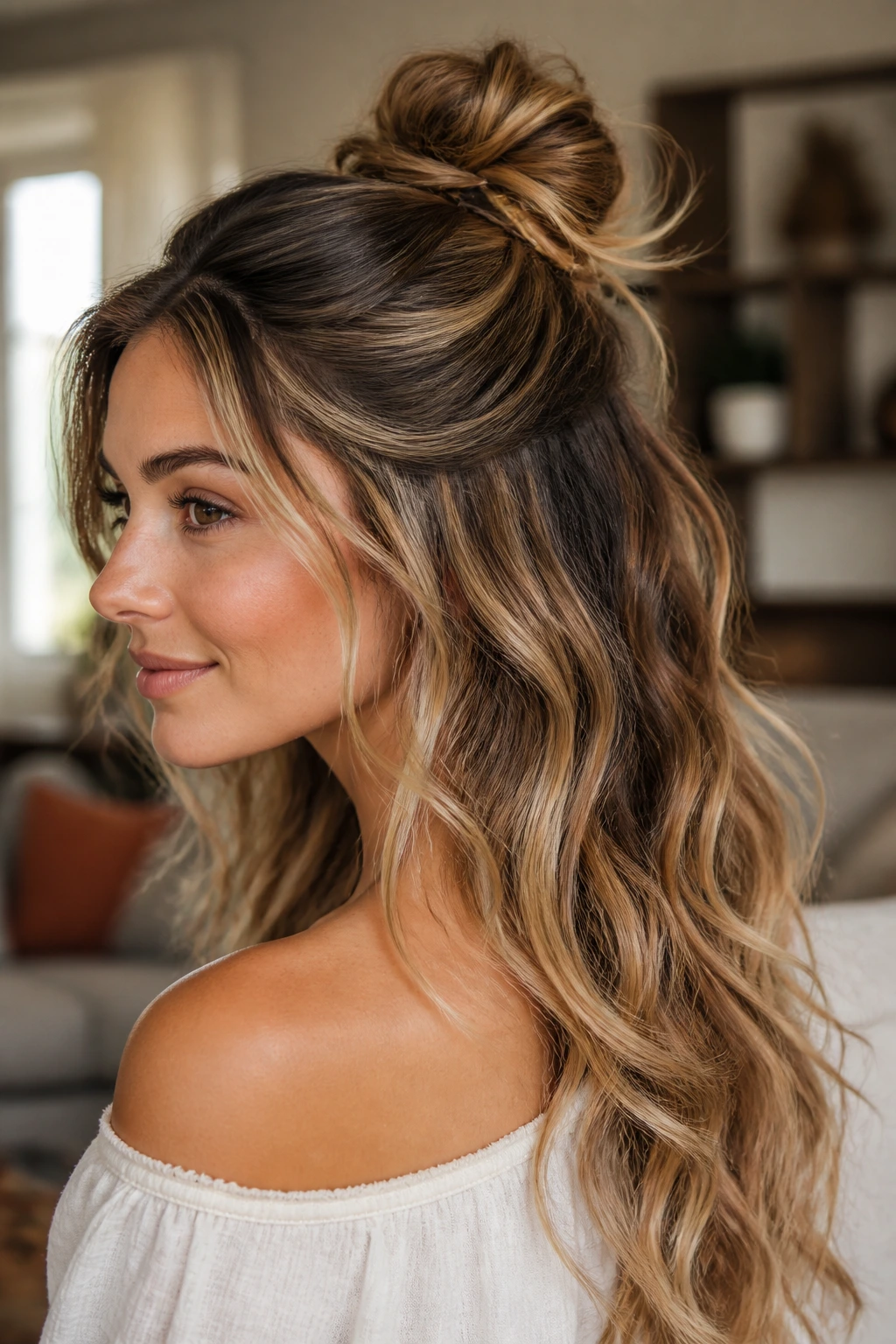 Close-up of a real woman with half-up knot and cascading waves in warm interior light