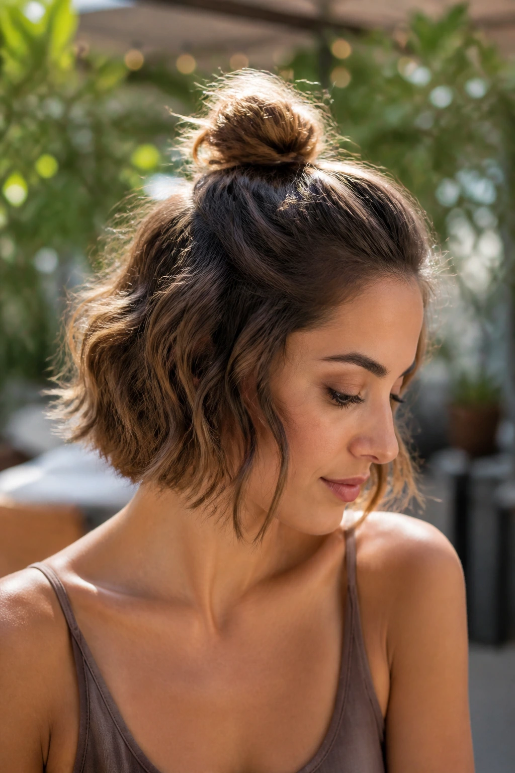 Close-up of a real woman with a half-up knot on short waves outdoors