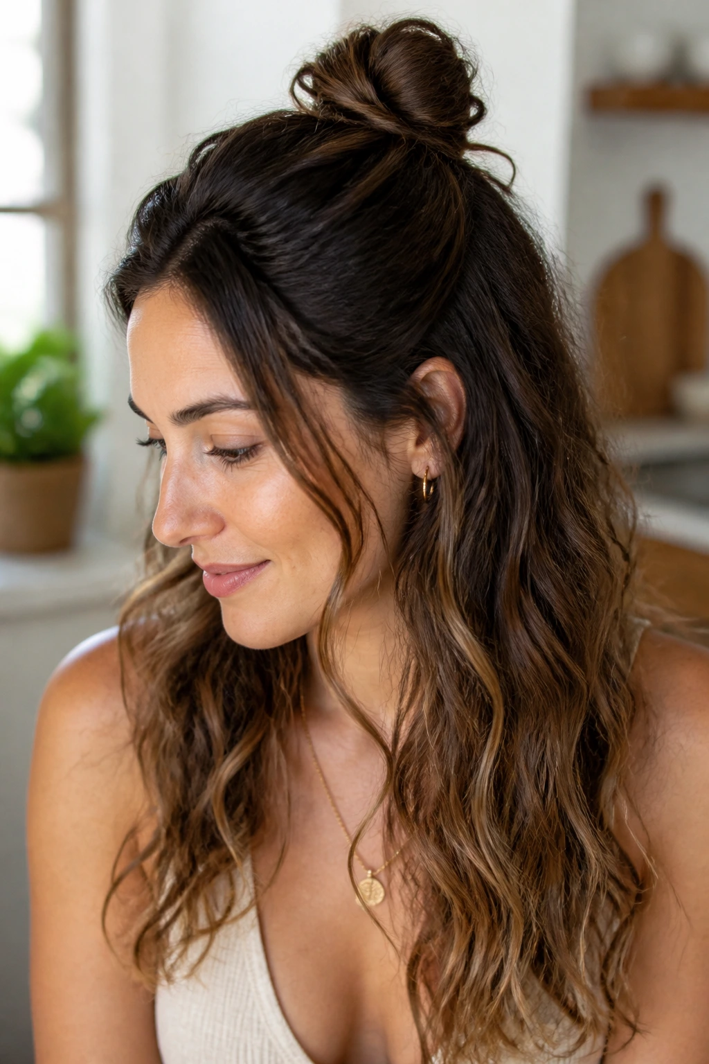 Real woman with half-up knot in wavy hair