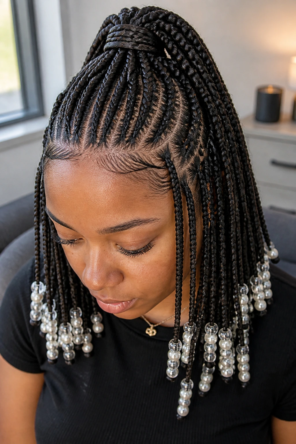 Half-up knotless braids with bead clusters on the lower length