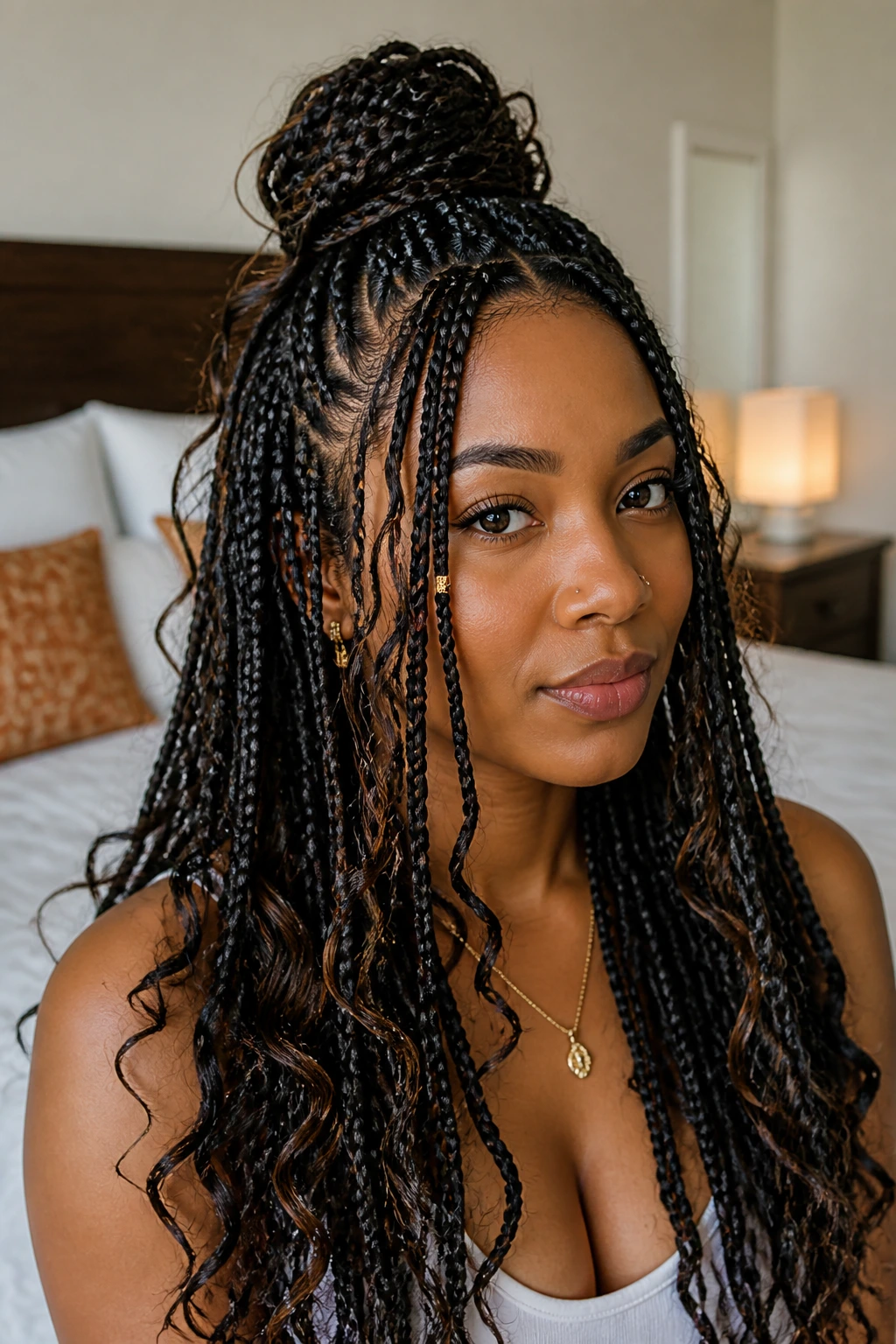 Close-up of a real woman with half-up knotless braids in a bright bedroom.