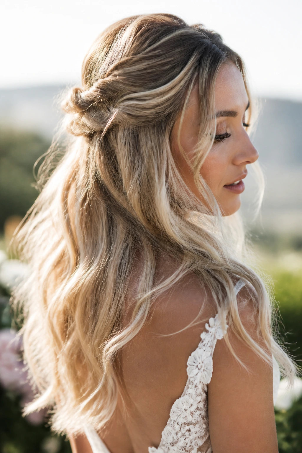 Bride with airy half-up knots and soft, wavy ends
