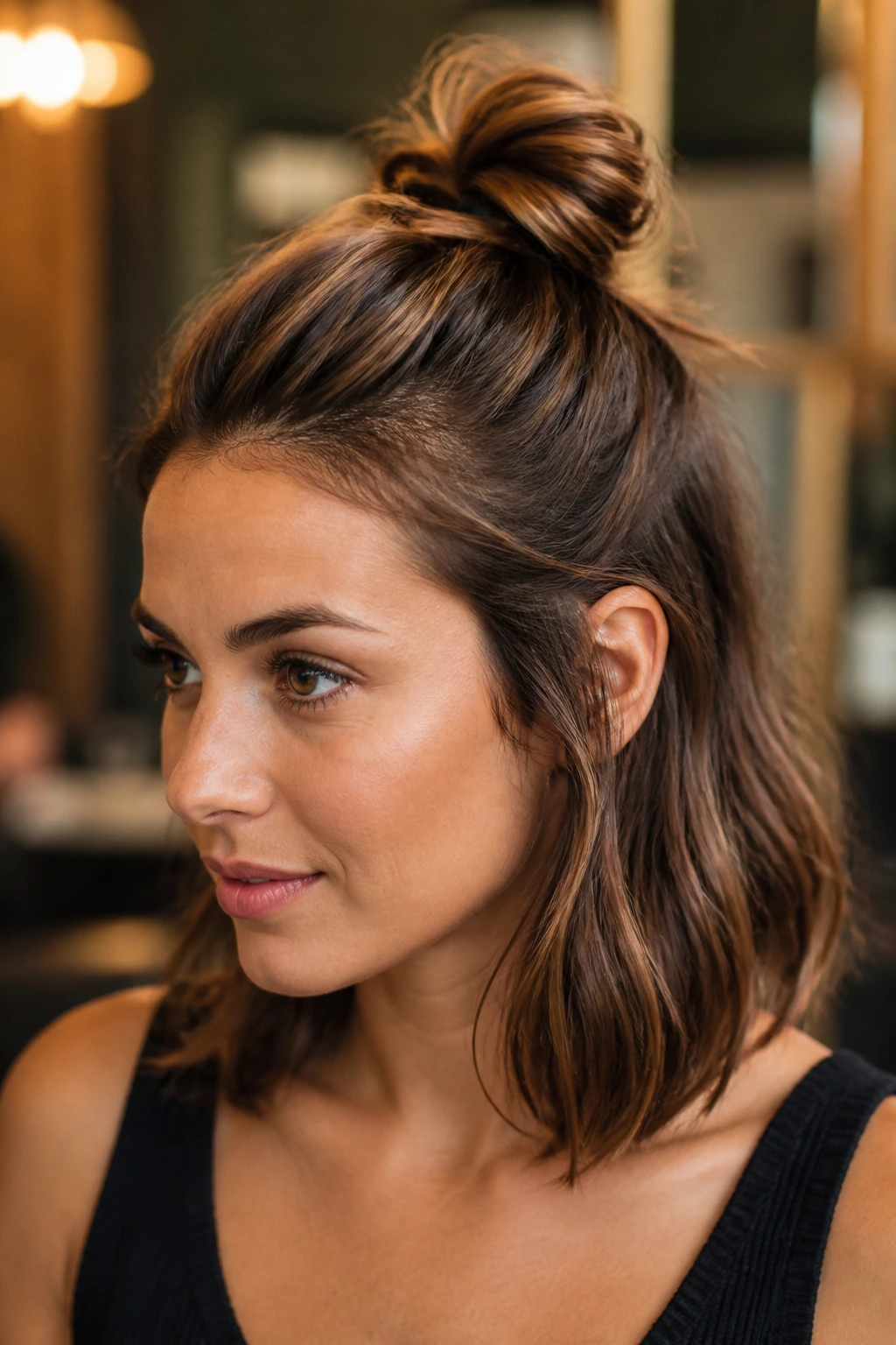 Close-up of a half-up knotted bun with hair flowing down