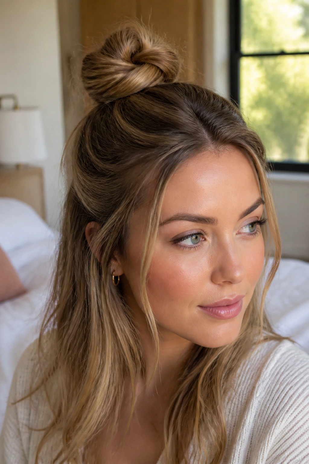 Portrait of a woman with a half-up knotted crown hairstyle