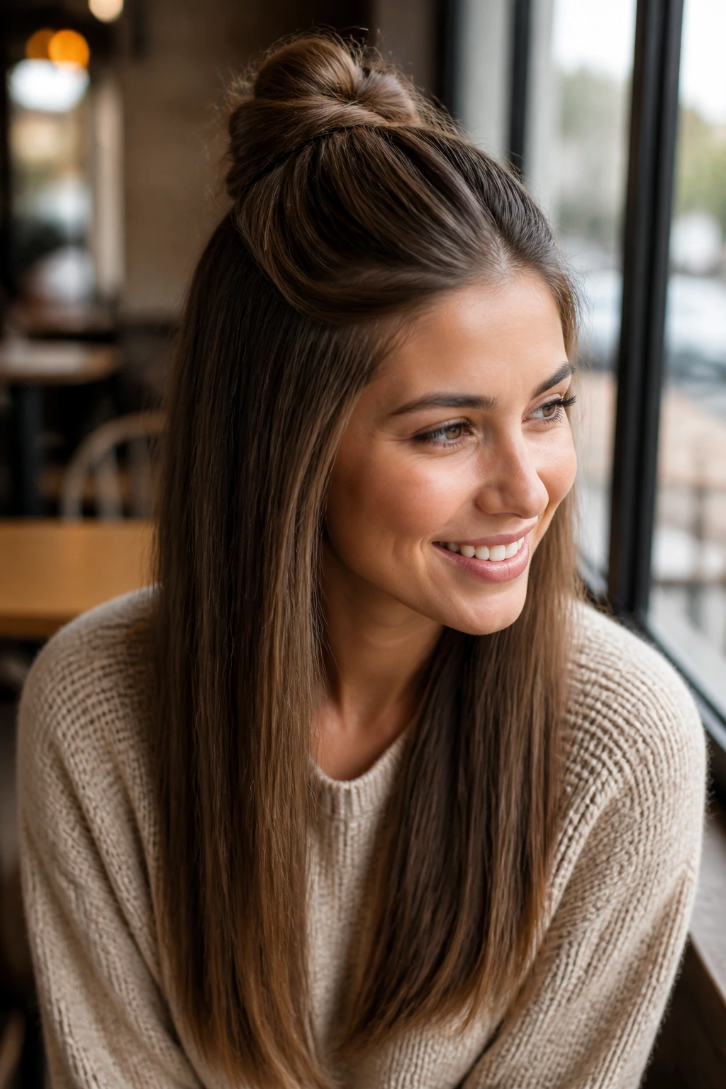 Close-up portrait of a real woman with a half-up knotted hairstyle in a cafe setting