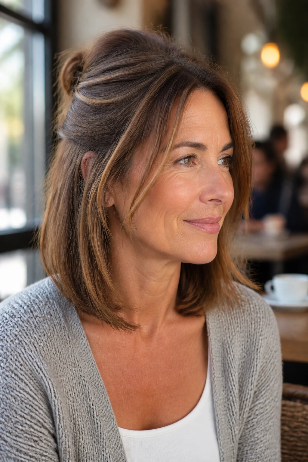 Real woman with half-up friendly layered lob in a cafe setting.