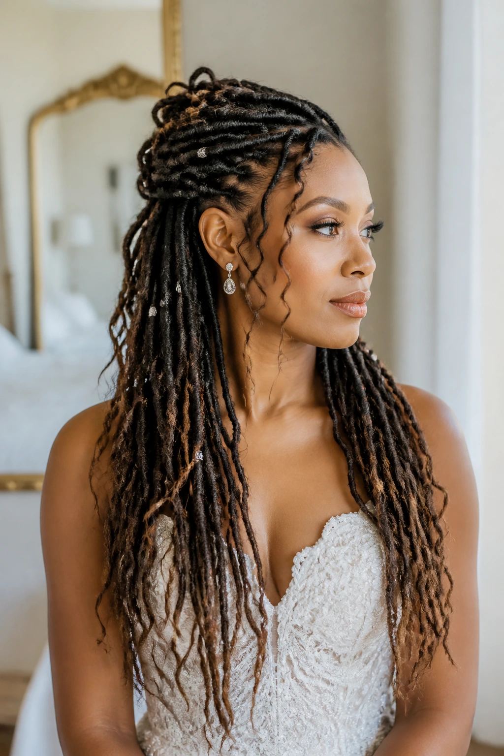 Half-up loc waterfall with soft tendrils on a real bride