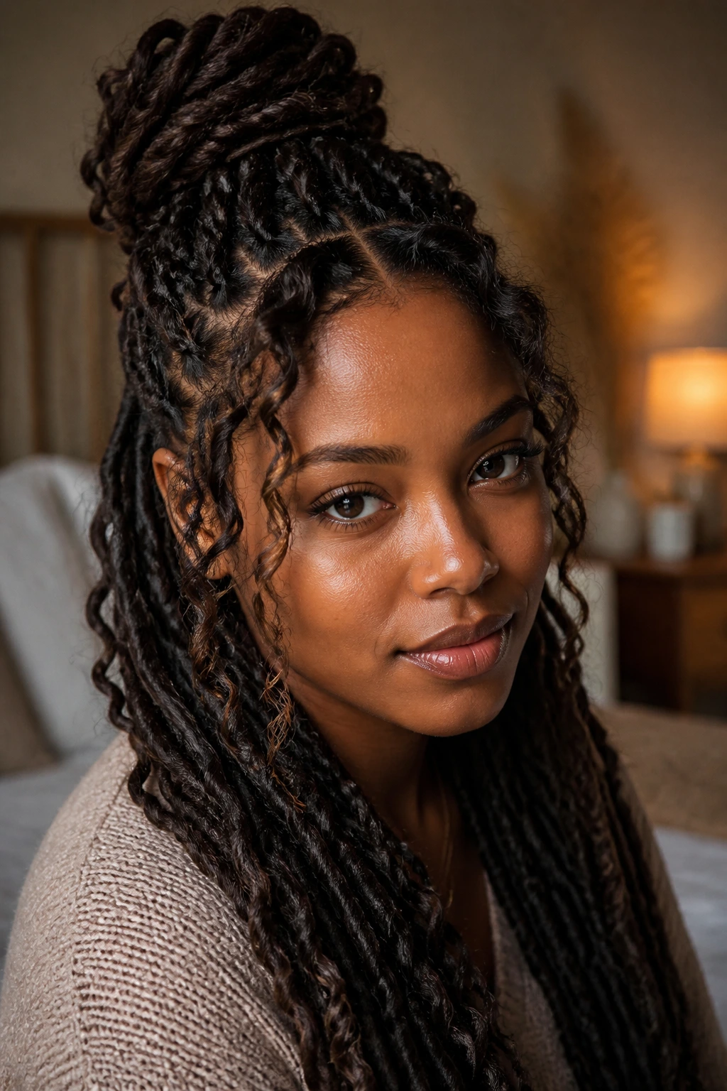 Real woman with half-up half-down goddess locs and curly face pieces