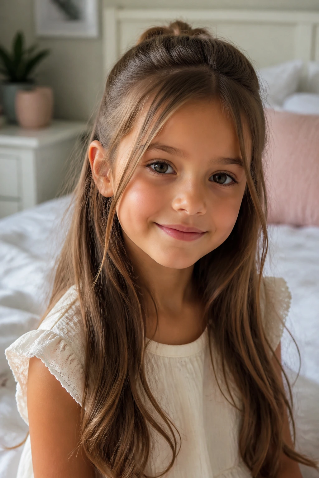 Child with long hair in a half-up style with face-framing layers