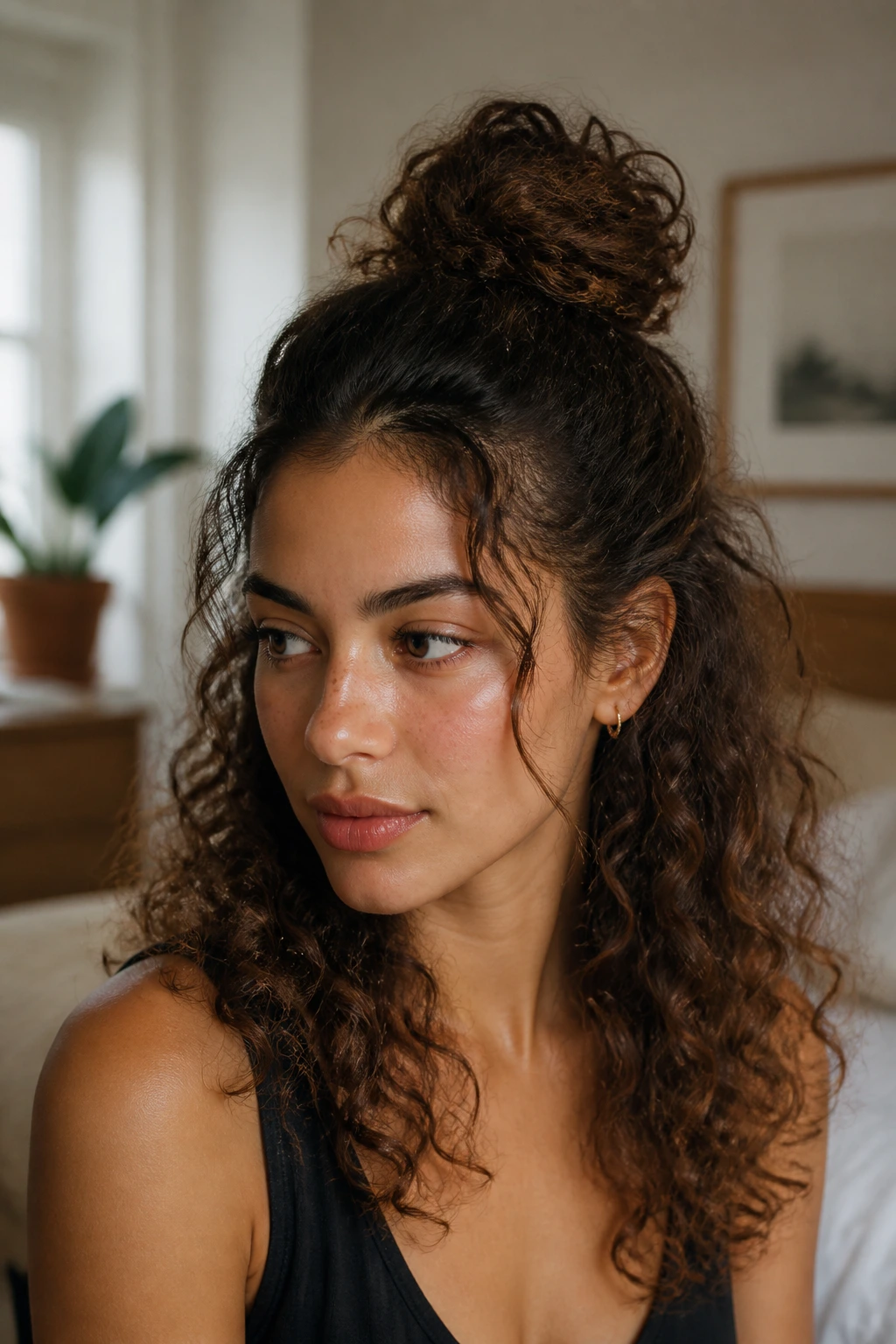 Close-up of a real person with a half-up messy bun and loose curls