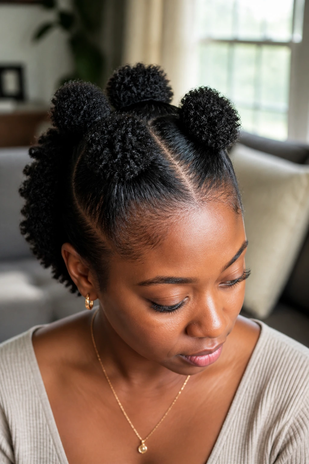 Close-up of a real woman with half-up mini puffs on the crown