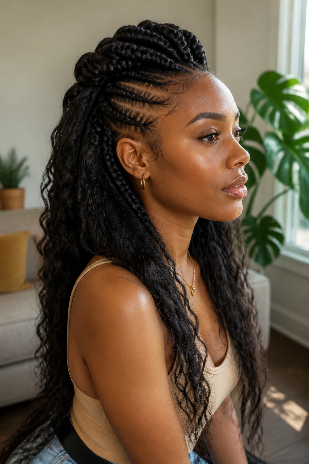Close-up of a real person with half-up mohawk braid and loose-length hair.