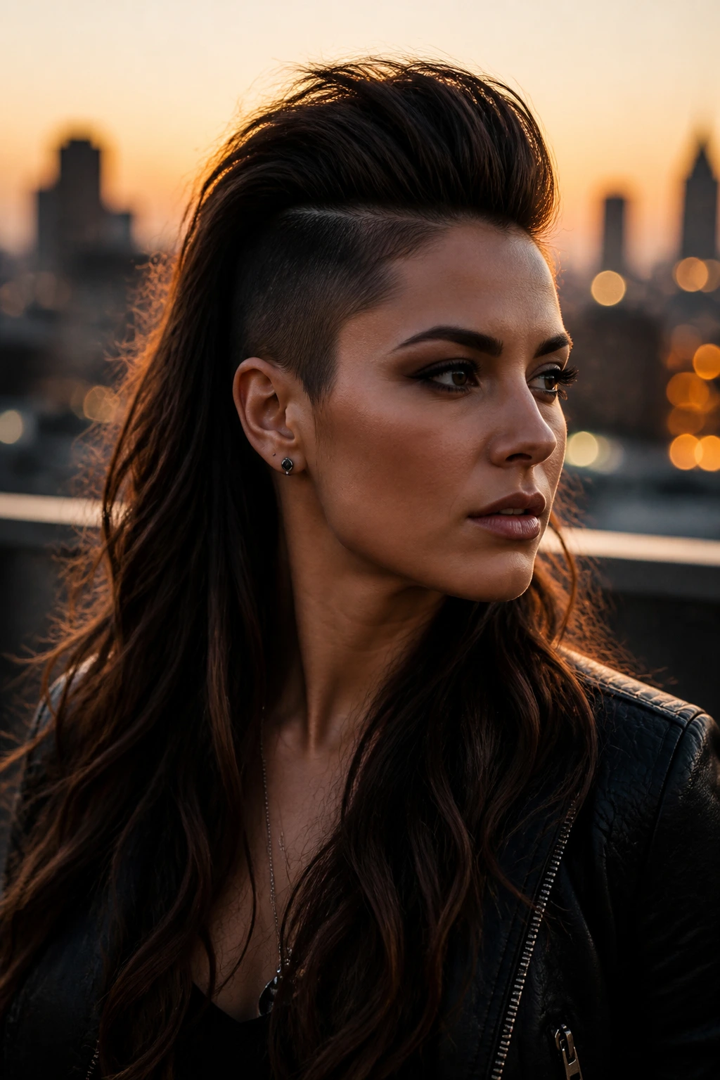 Close-up of a woman with half-up mohawk on long hair on a rooftop at golden hour.