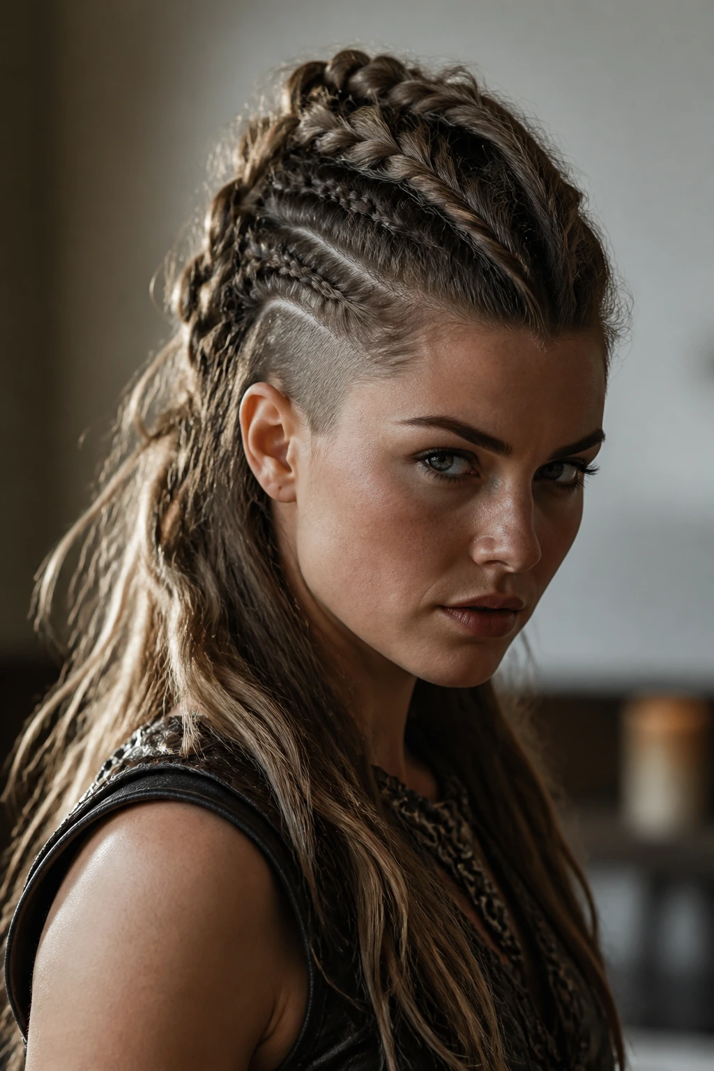 Portrait of a woman with a half-up braided mohawk hairstyle