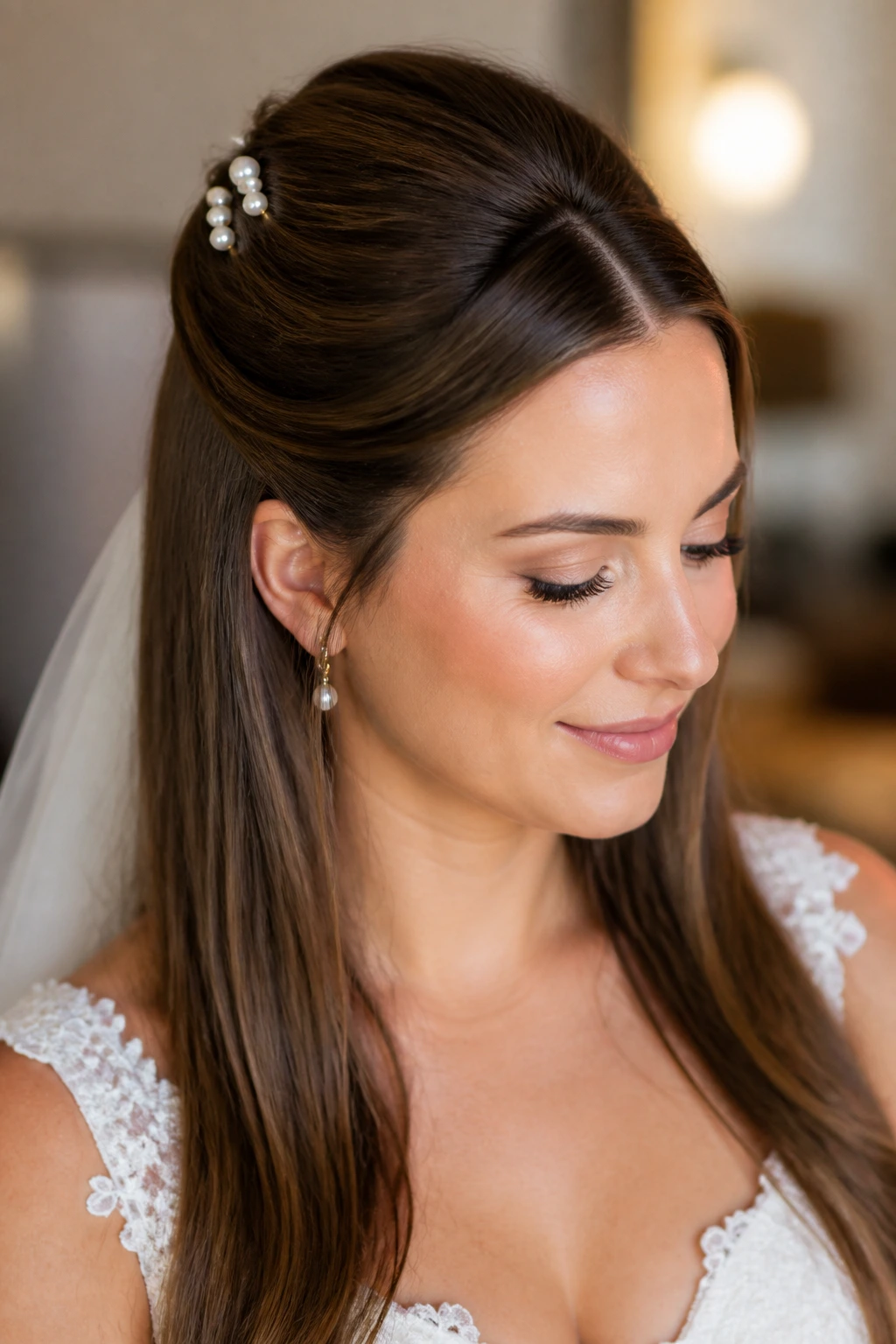Bride with half-up straight hair and pearl pins