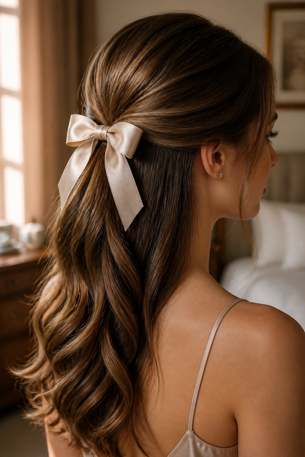 Close-up of a real person with a wrapped bow half-up pony hairstyle in warm bedroom light