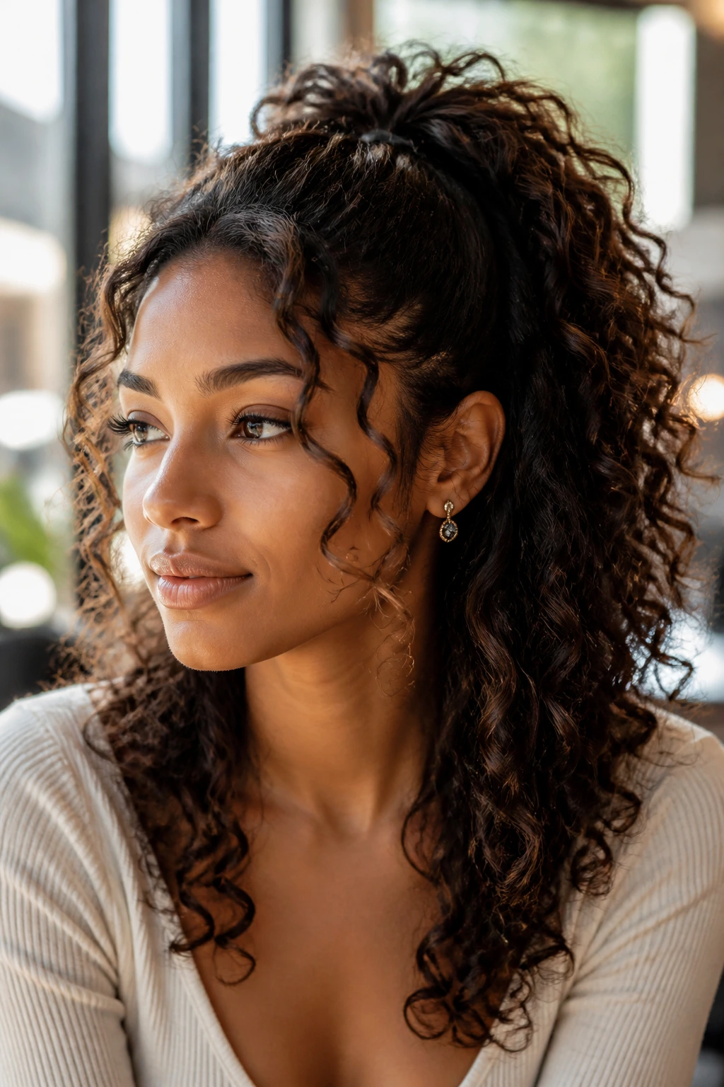 Close-up of a real woman with a half-up pony and tendrils curling around her face.