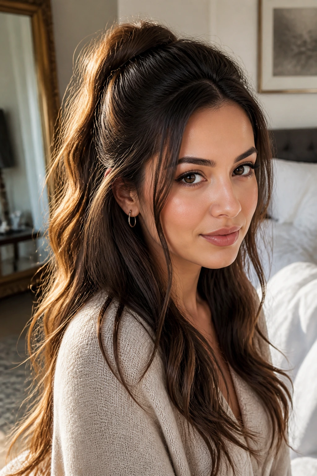 Real woman with half-up ponytail close-up portrait
