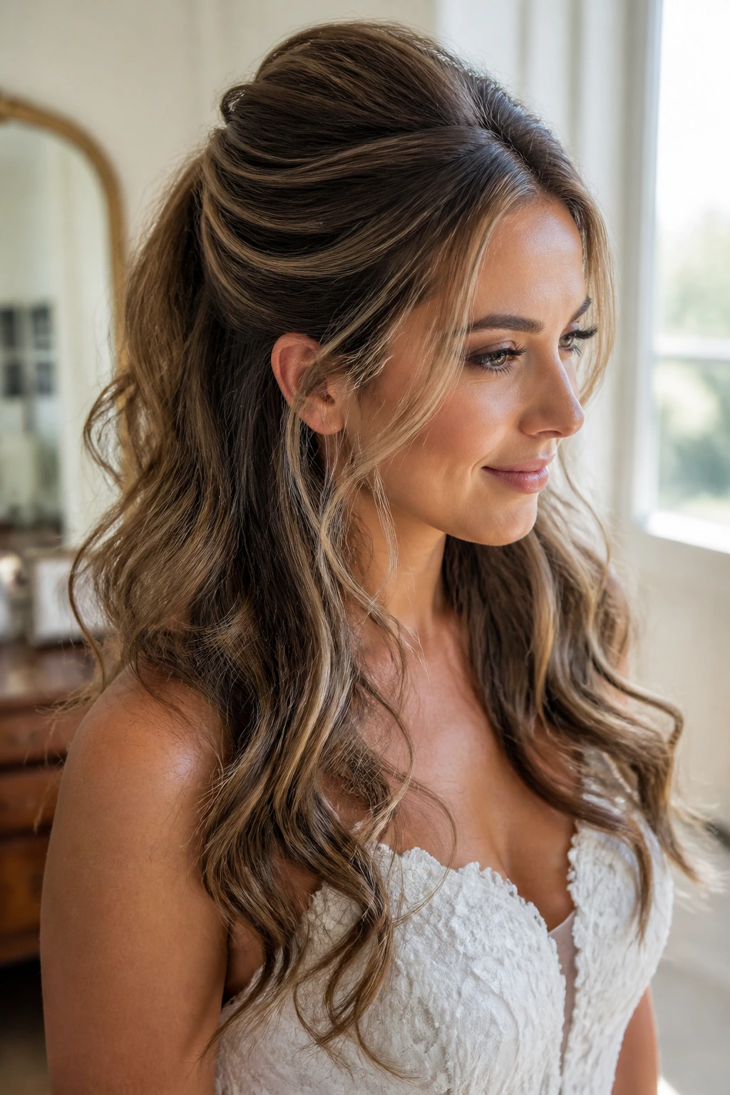 Close-up portrait of a real bride with half-up ponytail hybrid hairstyle in a bridal suite